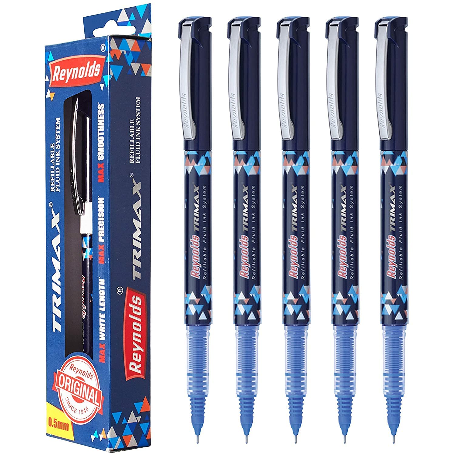 Reynolds Trimax Liquid Gel Pens | Needle Point (0.5mm) | Blue Ink | 1 Pack Of 5 Pens